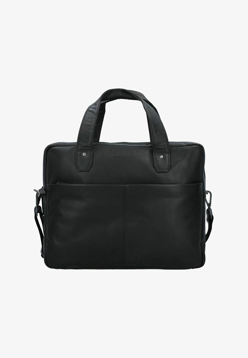 Schwarze Ledertasche mit doppelten oberen Griffen, einem abnehmbaren Schultergurt, einer Vordertasche und einfacher Naht für ein elegantes, minimalistisches Design.