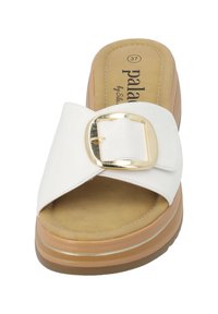 White slide sandal featuring a wide strap with a gold buckle. Soft tan insole and layered brown rubber sole for added height.