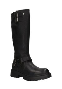 Stivali alti neri in ecopelle con due dettagli in fibbia, suola spessa, finitura testurizzata e design semplice.