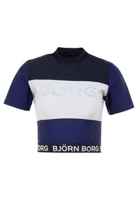 Blue and white cropped sports top with short sleeves, featuring a high collar and bold "BORG" logo across the chest, textured waistband.
