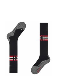 Calze nere e grigie con una texture a coste, caratterizzate da un design a righe rosse e bianche. La calza sinistra mostra 'R' per indicare il piede destro.