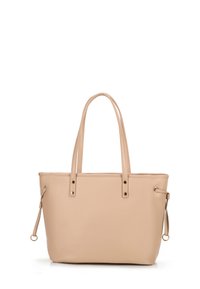 Borsa tote beige realizzata in materiale sintetico liscio, dotata di doppi manici robusti, dettagli in metallo dorato e lacci laterali.