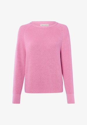 Pull rose tricoté à col rond avec manches longues et poignets côtelés, marqué Marc O'Polo au niveau du col.