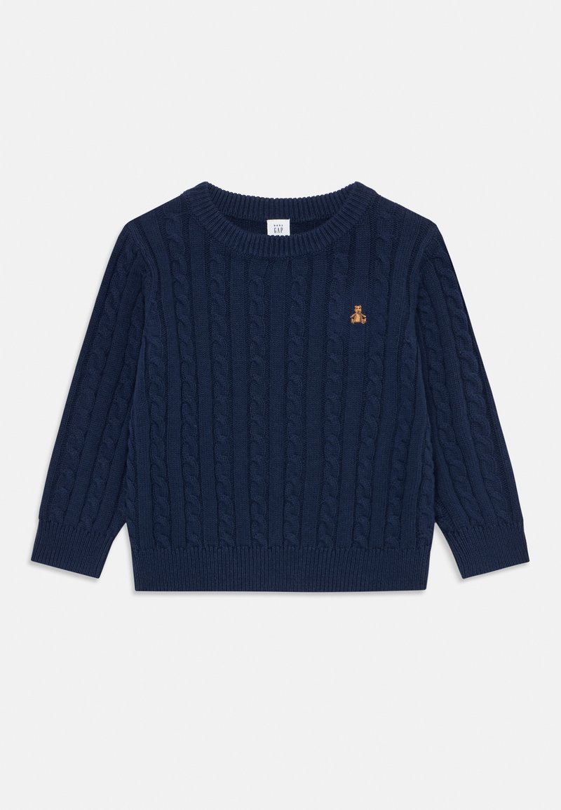 Navy blue cable knit sweater with a round neckline, long sleeves, and ribbed cuffs. Features a small embroidered bear logo on the chest.
