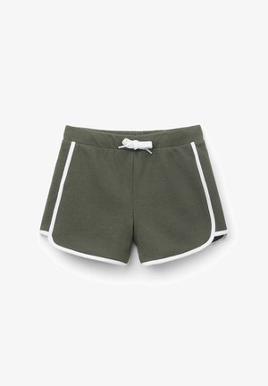 Olivgrüne Shorts mit weißen Akzenten, Kordelzugbund und weicher Textur. Verfügt über ein sportliches Design und einen leicht abgerundeten Saum.