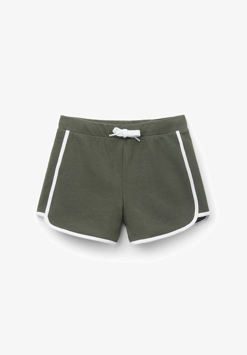 Shorts vert olive avec des bordures blanches, taille élastique avec cordon de serrage et texture douce. Présente un design sportif et un ourlet légèrement arrondi.