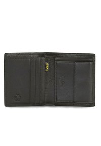 Cartera de cuero negra con un acabado texturizado, que cuenta con múltiples compartimentos para tarjetas, un compartimento para billetes y una etiqueta de protección RFID.