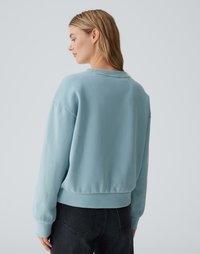 Felpa azzurra chiara con una vestibilità comoda, spalle scese e polsi a coste. Texture liscia con un design semplice e minimalista.