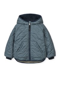 Giacca grigia trapuntata con cappuccio, dotata di rifiniture blu navy, apertura con zip e tasche laterali. Tessuto morbido, foderata in materiale peloso.