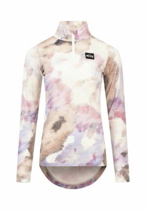 Long-sleeve pullover in soft fabric, featuring a zipper collar, abstract pastel patterns in pink, beige, and light purple; curved hemline.