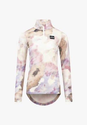 Long-sleeve pullover in soft fabric, featuring a zipper collar, abstract pastel patterns in pink, beige, and light purple; curved hemline.