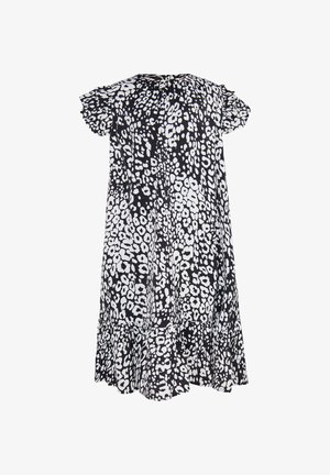 Rochie imprimată alb-negru, cu croială lejeră, mâneci scurte tip fluture și tiv ondulat. Realizată dintr-un material ușor, cu un model floral.