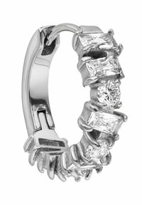 Silberne Creolen mit abwechselnd rechteckigen und runden, klaren Edelsteinen, die in Krappen gefasst sind. Sie haben eine polierte Oberfläche und einen Klickverschluss.