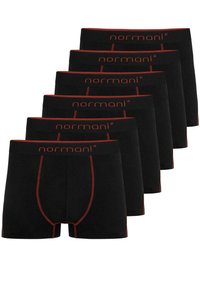 Black boxer shorts with red stitching and logo. Smooth fabric, fitted design, featuring a wide waistband. Set of six.