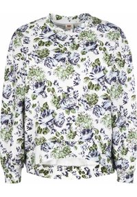 Felpa con motivo floreale caratterizzata da collo rotondo, maniche lunghe e vestibilità ampia. I colori includono variazioni di bianco, blu e verde.