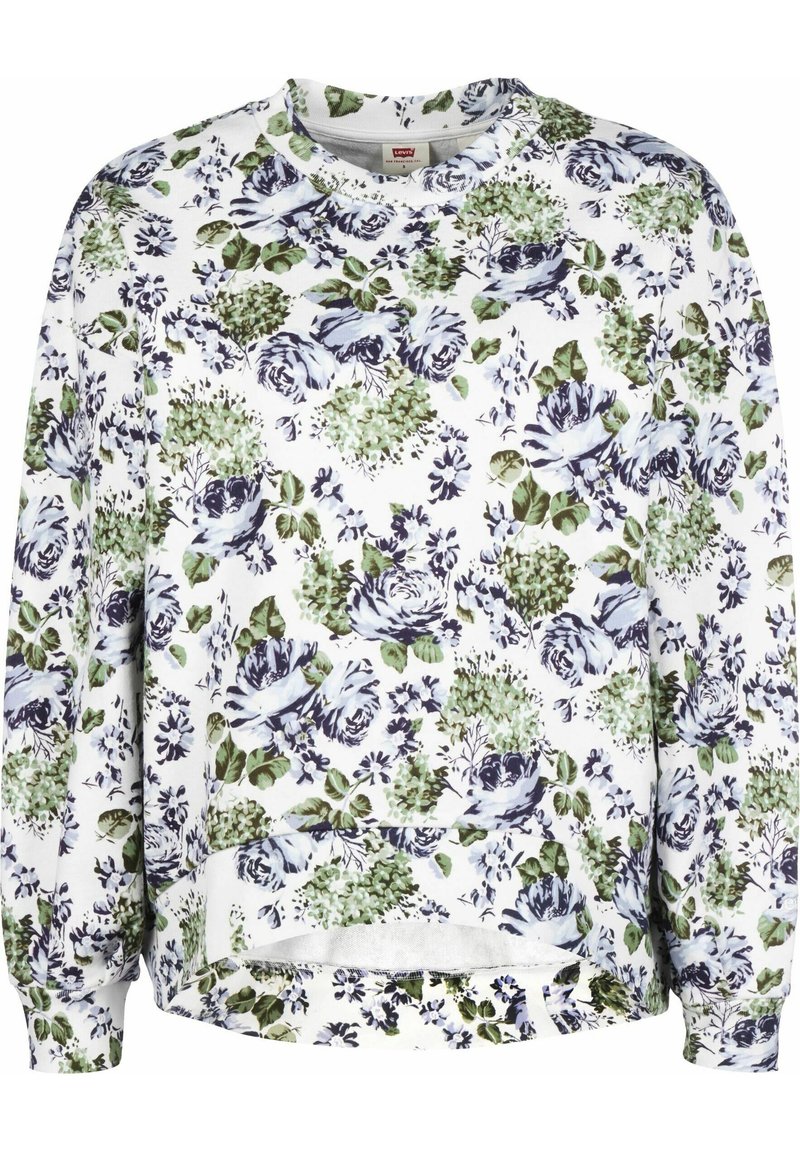 Felpa con motivo floreale caratterizzata da collo rotondo, maniche lunghe e vestibilità ampia. I colori includono variazioni di bianco, blu e verde.