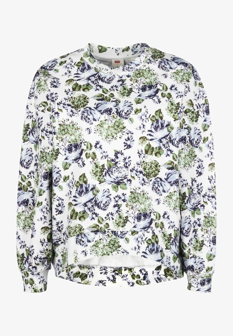Felpa con motivo floreale caratterizzata da collo rotondo, maniche lunghe e vestibilità ampia. I colori includono variazioni di bianco, blu e verde.