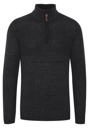 Dark gray knitted sweater with a high collar and short zipper, featuring a textured pattern and multicolored speckles throughout.
