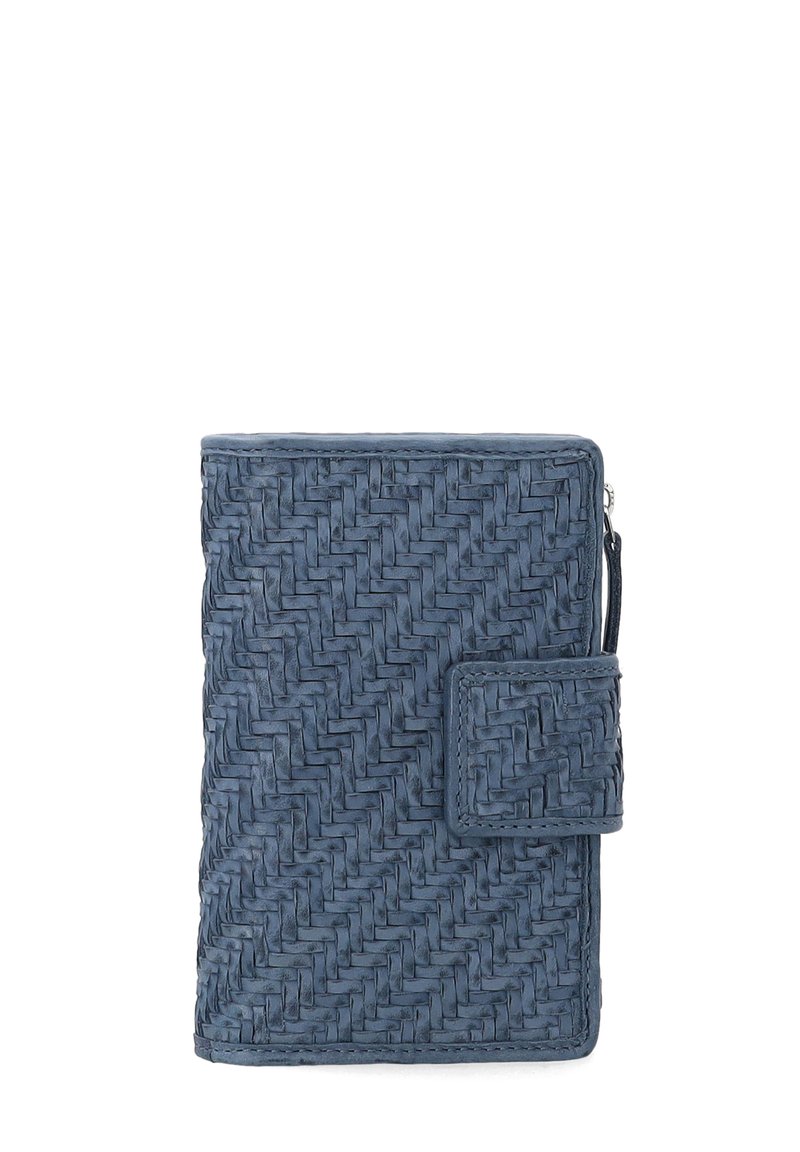 Granatowy portfel z plecionej skóry o fakturowanym wykończeniu, z przednią klapką, zamkiem błyskawicznym i kompaktowym, prostokątnym kształtem.