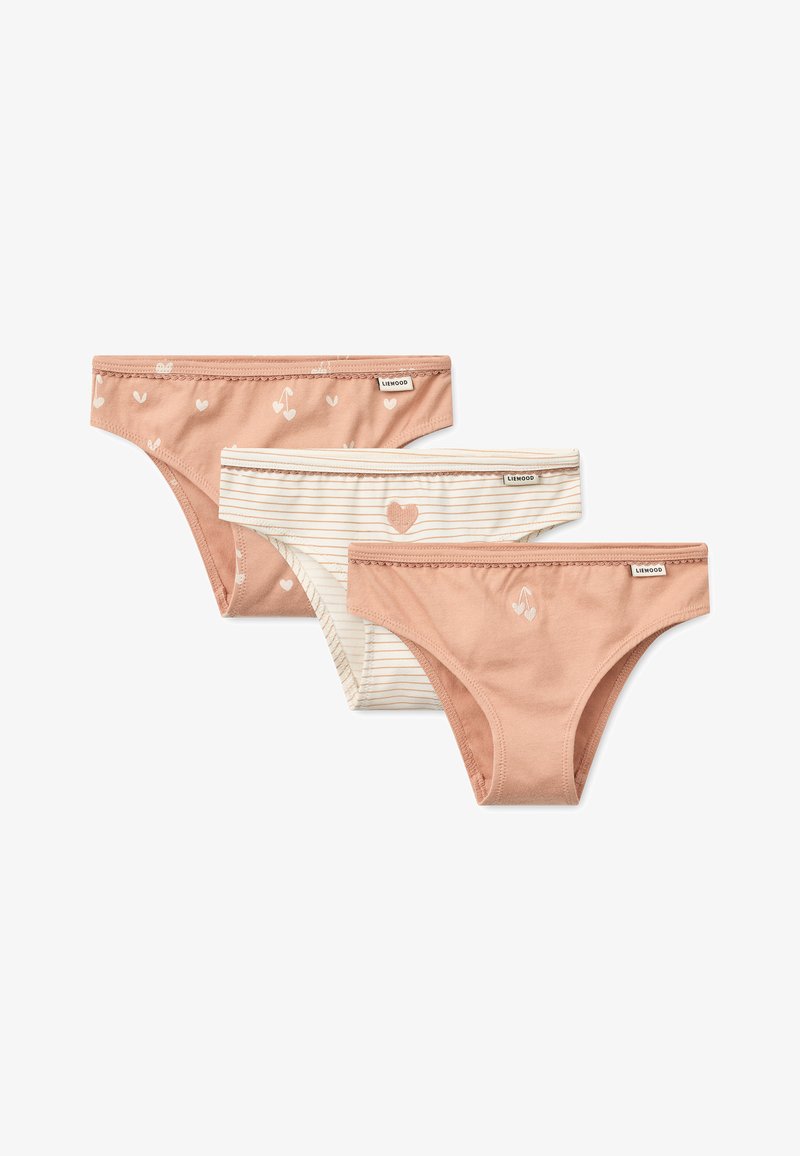 Trois culottes pour femmes : deux unies pêche avec des imprimés de cœurs, une crème avec des rayures pêche et un motif de cœur. Matière en coton doux.