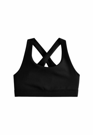 Sort sports-bh med et glat, elastisk stof. Har en bred kant og et krydsbag-design for støtte. Ingen yderligere mønstre eller hardware.