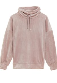 Felpa a girocollo rosa con costine, dotata di colletto a drappo, coulisse e maniche lunghe a palloncino con polsini elasticizzati. Texture morbida, vestibilità comoda.