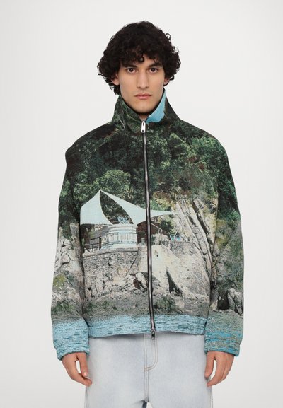 Veste en polaire avec un col montant, arborant un imprimé paysage en vert et bleu, fermeture éclair et des manches amples.
