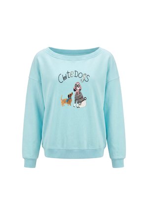 Lichtblauwe sweatshirt met illustraties van twee honden en het woord "Cute Dogs" op de voorkant.