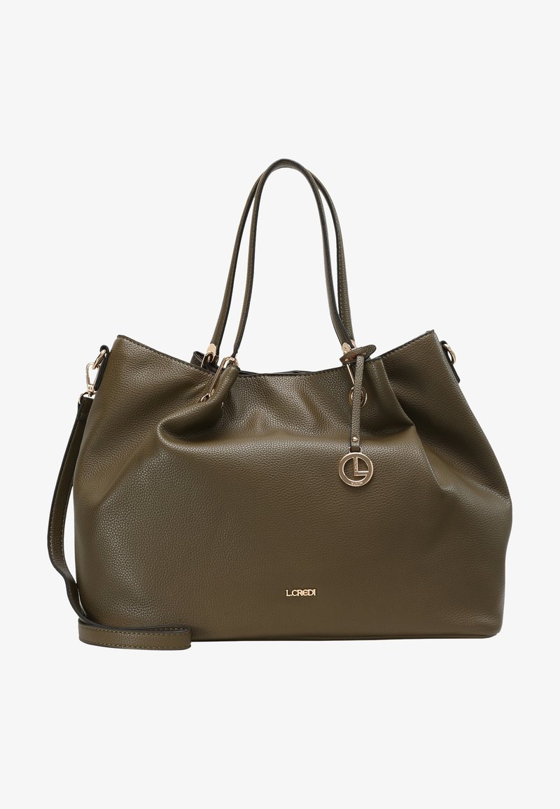 Sac à main en cuir texturé vert olive foncé avec deux poignées, bandoulière amovible, charme logo circulaire doré et nom de la marque.