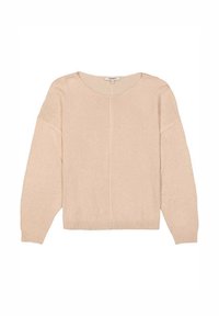 Beige gestrickter Pullover mit lässiger Passform, tiefem Rundhalsausschnitt und langen Ärmeln. Verfügt über eine zentrale Naht an der Vorderseite und gerippte Bündchen.