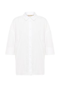Camicia bianca a maniche corte con colletto a punta, chiusura frontale con bottoni e silhouette morbida. Realizzata in un tessuto leggero e liscio.