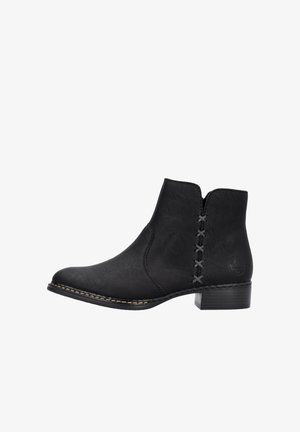Black ankle boot featuring a smooth synthetic material, decorative side stitching, rounded toe, and a low stacked heel.