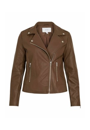 Bruine leren motorjack met een slim fit ontwerp, zilveren ritsen en een drukknoopkraag, voorzien van twee voorste ritszakken.
