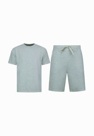 Lichtgrijze katoenen t-shirt met korte mouwen en ronde hals, gecombineerd met bijpassende shorts met een elastieke tailleband en een trekkoord.