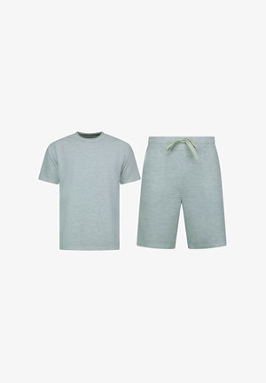Lichtgrijze katoenen t-shirt met korte mouwen en ronde hals, gecombineerd met bijpassende shorts met een elastieke tailleband en een trekkoord.