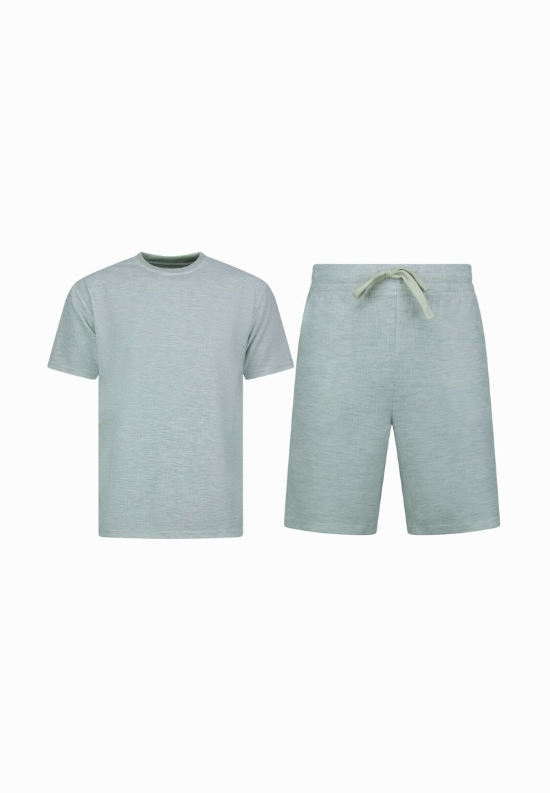 Lichtgrijze katoenen t-shirt met korte mouwen en ronde hals, gecombineerd met bijpassende shorts met een elastieke tailleband en een trekkoord.