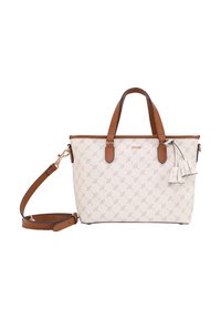 Borsa bianca con un motivo geometrico, manici in pelle marrone e tracolla staccabile. Include tasselli decorativi.