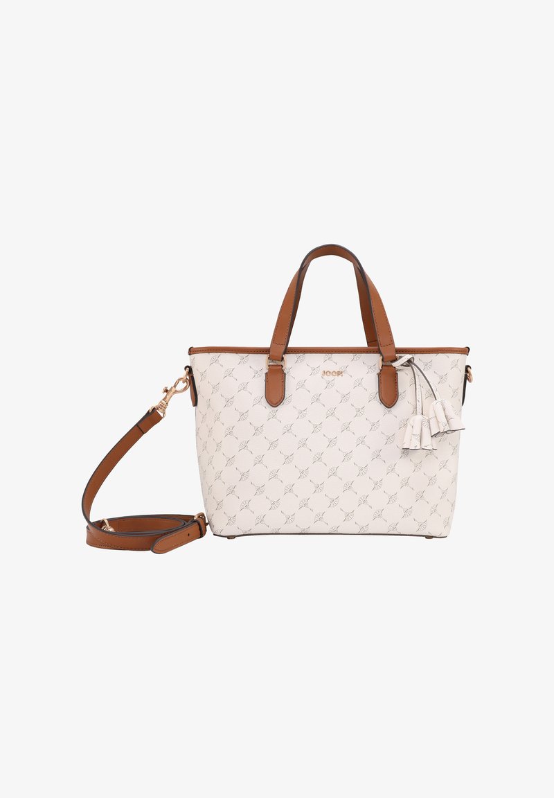 Borsa bianca con un motivo geometrico, manici in pelle marrone e tracolla staccabile. Include tasselli decorativi.