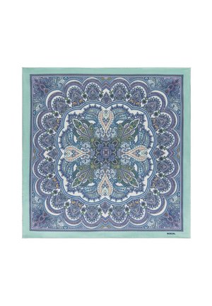 Square scarf with intricate blue, green, and white paisley and floral patterns, featuring a scalloped border and symmetrical central design.