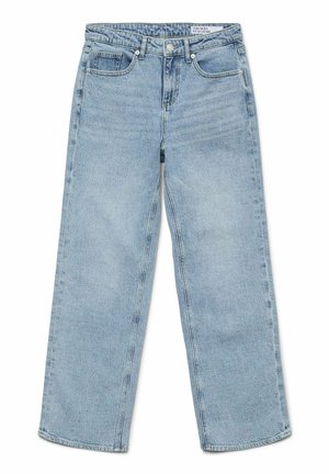 Jean droit taille haute de couleur bleu clair, en denim, avec cinq poches, une fermeture à bouton, et un minimum d'usure sur le tissu.