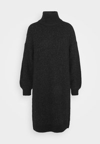 Robe pull longue noire en tricot avec col montant et manches ballon, poignets côtelés et motif texturé.