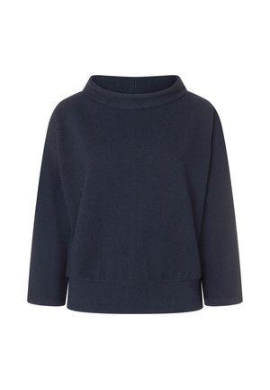 Sweatshirt texturé bleu marine avec un col haut, des manches trois-quarts et une coupe décontractée, doté d'un ourlet côtelé.