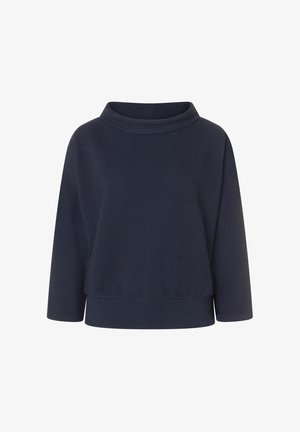 Navyblauer, strukturierter Pullover mit hohem Kragen, Dreiviertelärmeln und lockerem Schnitt, ausgestattet mit einem gerippten Saum.