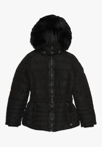 Černá prošívaná bunda s kapucí s umělým kožíškem, zapínáním na zip a knoflíky, elastickým pásem a žebrovanými manžetami; má vodorovné prošívání a boční kapsy.
