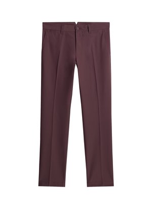 Pantaloni bordeaux con design a gamba dritta, realizzati in tessuto morbido. Presentano una chiusura con bottone e passanti per cintura, mostrando un aspetto elegante.