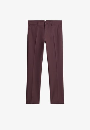 Viininpunaiset housut, joissa on suora lahjemuotoilu, valmistettu sileästä kankaasta. Ominaisuuksiin kuuluu nappikiinnitys ja vyölenkit, mikä luo tyylikkään lopputuloksen.