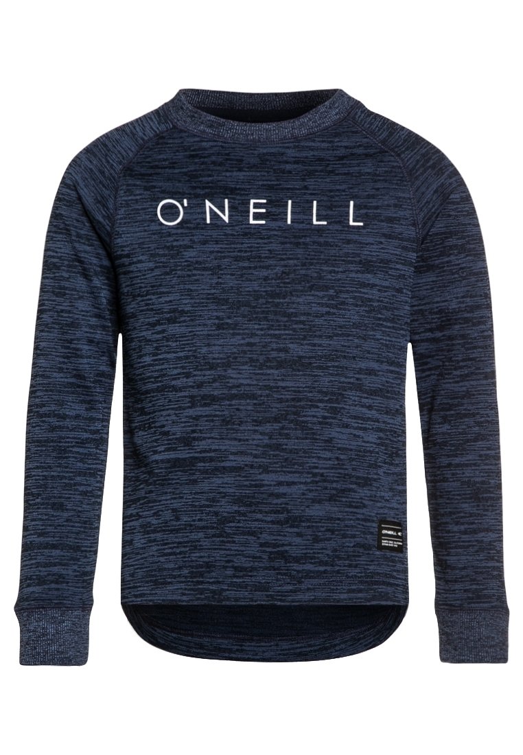 Sweatshirt à manches longues bleu marine avec un motif texturé, col rond et logo blanc "O'NEILL" sur la poitrine. L'ourlet inférieur est arrondi.