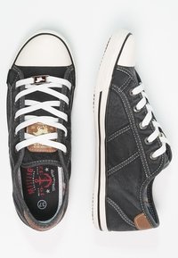 Tmavě šedé plátěné tenisky s bílými gumovými špičkami, bílými tkaničkami a hnědými koženými detaily, zobrazené z vrchu a ze strany.