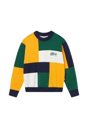 Trui met lange mouwen en ronde hals met blokpatroon in geel, groen, marineblauw en wit, met een klein geborduurd "Blkris" logo op de borst.