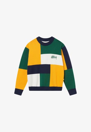 Trui met lange mouwen en ronde hals met blokpatroon in geel, groen, marineblauw en wit, met een klein geborduurd "Blkris" logo op de borst.